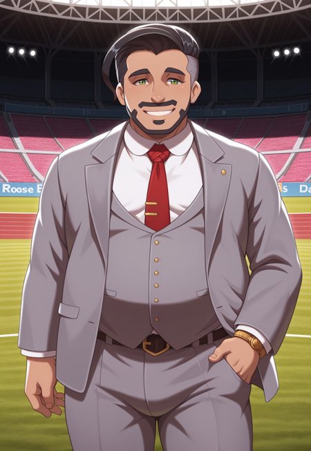 solo, masterpiece, modern, new, 1boy, male, masculine face, daddy looking face,

PokemonRose, black hair, facial hair, green eyes, grey jacket, shirt, necktie, chubby, looking at viewer, smiling, football stadium, happy, pants
