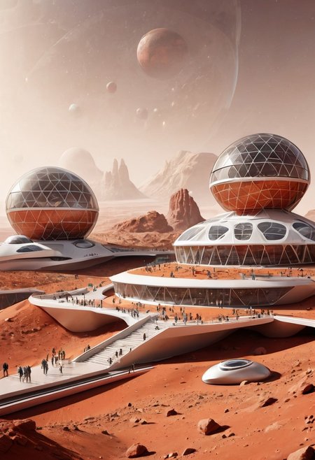 A futuristic line art illustration of a Martian educational complex, with multi-level buildings and open spaces for scientific exploration. The design includes large glass domes and interactive learning areas, promoting a harmonious blend of education and environmental awareness on Mars.