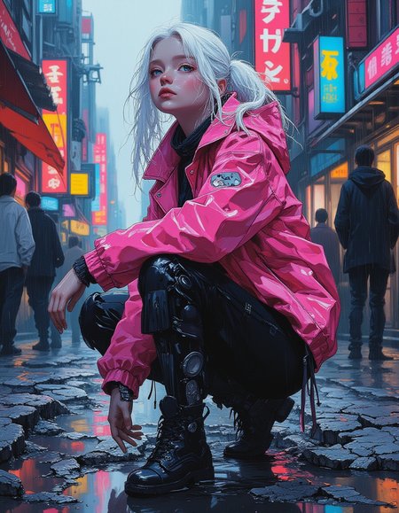 masterpiece, high quality, Oil Painting, in the midst of this bustling urban environment, centered in a grungy alley, is an ethereal young, cyberpunk girl. Sheâs clad in futuristic attire: a sleek, wet, neon pink leather jacket, tight pants, and high-tech, rugged boots. Her white hair is an amalgamation of traditional and modern styles, perhaps pale white ponytail, her skin is the palest white, and her glowing eyes of blue. Her cybernetic enhancements are visible, robotic arms, robotic hands, legs, and body. She appears to be around 12 years old.
Sheâs captured in a moment of childlike joy, kneeling in a muddy puddle formed between cracked concrete slabs. Dark puddles and wet, grimy surfaces reflect the dazzling lights all around. Despite the heavy rain, thereâs a smile on her face, her eyes closed with a gusto of carefree exuberance.
The rain bouncing off her slightly illuminated figure adds to the gritty, spectrum of light around her, enhancing the contrast of her dark attire with the surrounding colorful chaos. The city continues its pace, with indistinct figures in the background, blurred motion of people and other futuristic vehicles passing by. This perfectly captures a bizarre yet heartwarming essence of finding joy amid the dystopian, electrifying urban world. She looks like a fashion model. Masterful painting, oil on canvas, Focus on the girl, shadow and light, Masterpiece, intricate lines, intriguing atmosphere, sharp magnificent details, delicate features, novuschroma, elaborate details, (2\3 rule composition:0.5), ultra detailed, romantic, Rembrandt lighting, brush stroke, lovely, del1cate_balance style, in the style of Rembrandt. vantablack <lora:style_of_Rembrandt_FLUX_135:.8> <lora:- Flux1 - vanta_black_V2.0:.6> <lora:Delicate_Balance:.3> <lora:neeeg_f1:-1> <lora:113_novuschromaFLX_1:.2> <lora:Midjourney_Whisper_Minimal:.3> <lora:CPA:.6>