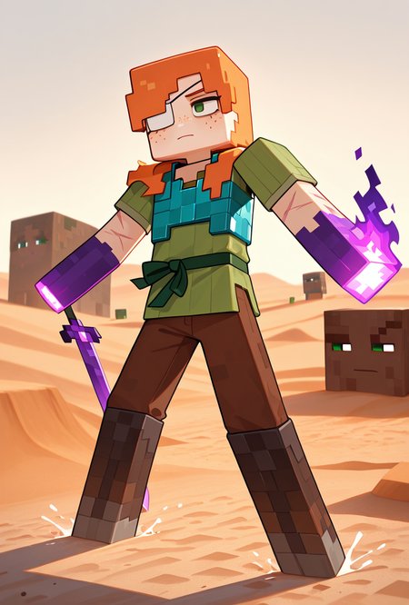 <lora:alexmc-10:1> alexmc, orange hair, 1girl, solo, green eyes, long green shirt, brown pants, short sleeves, freckles, square arms, square body, green waist ribbon,  minecraft end, minecraft end dimension, long tall black pillars in the background, fighting black dragon, purple fire, purple sword, blue chest plate, chest plate armor, blue knight chest plate, armor,  scars, injury, white sand floor, white eye patch, dynamic pose, desert, sand dunes, giant black pillars,, masterpiece, best quality, amazing quality, very aesthetic, absurdres, newest,