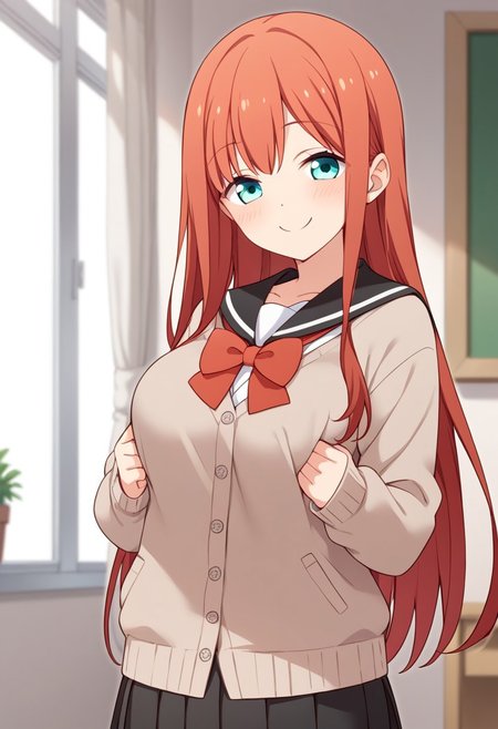 score_9,score_8_up,score_7_up, source_anime, solo, Minagawa yuki, red hair, long hair, aqua eyes, Serafuku, cardigan, long sleeves, red bow, skirt, pleated skirt, smile, closed mouth, perfect breast, school, perfect anatomy