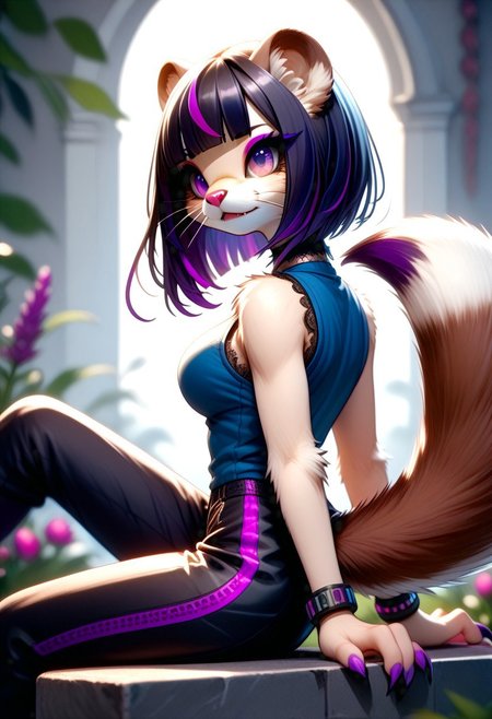 score_9, score_8_up, score_7_up, FMW1, fluffy, painterly, vibrant details, (view from the side:2), source_furry, slender, slim, fit, WSG02, weasel girl, furry weasel, weasel ears, weasel tail, paws, sitting, (black hair, short hair, blunt bob cut, (blunt bangs:1.5), (violet highlights:1.6)), (gradient eyes:1.4), large breasts, choker, bracelets, sleeveless, blue vest, zipper, black pants