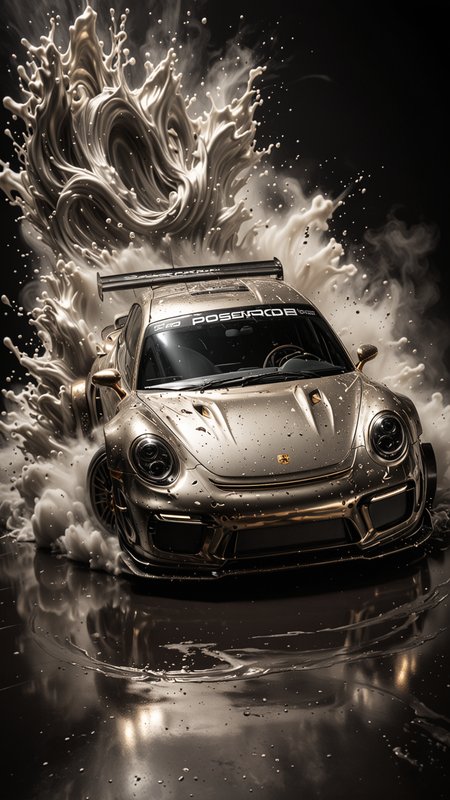 GOLD LIQUID METAL DTM Porsche car, race car, racing through SILVER LIQUID METAL, liquid metal sprays up from the cars tyres, Car drifting in a black void, Epic, <lora:Liquid_Fluid_Metal_XL_-_By_DICE:0.4>