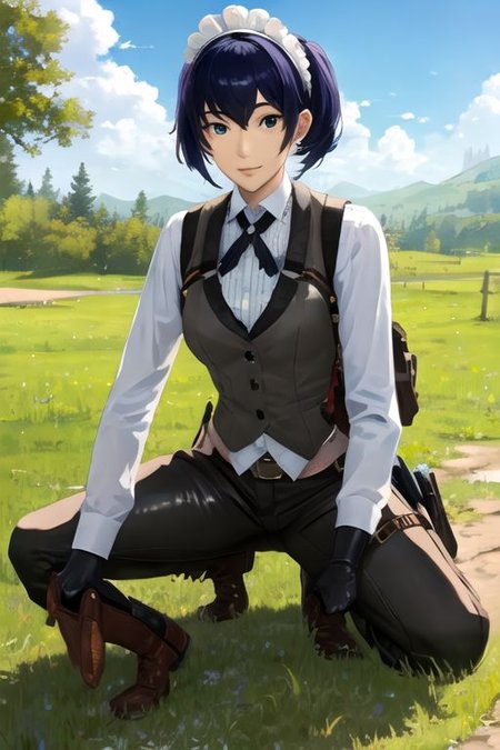 solo, 1girl, solo_focus, (((masterpiece))), ((best quality)), ((ultra-detailed)), ((too_many)):16, high resolution, absurdres, highres, ultra-detailed 8k unity wallpaper, 
kikunop3, maid headdress, vest, shirt, gloves, pants, boots, holster