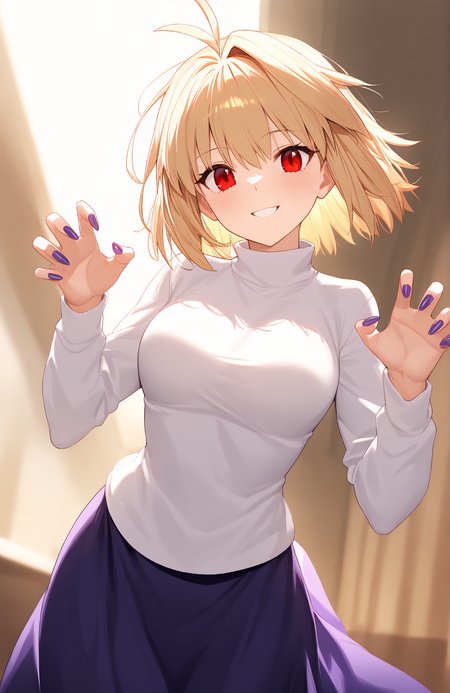 1girl, arcueid brunestud, general, cowboy shot, standing, long fingernails, purple nails, claw pose, white sweater, turtleneck sweater, purple skirt, long skirt, smile, masterpiece, best quality, newest