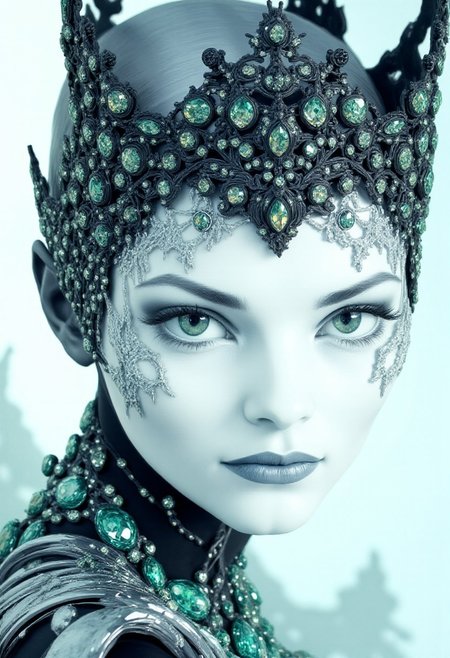 A highly stylized, hyper-realistic portrait of a pale-skinned chrome texture woman with an emotionless, stoic expression as she gazes intensely into the viewer’s eyes. Atop her head rests a symmetrical crown of sleek black metal, adorned with vibrant green diamonds arranged in a flawless, geometric pattern. The crown gleams under soft, focused light, casting vivid reflections that accentuate the sharp, sculpted angles of her face.
Around her neck lies a matching black jewel necklace, encrusted with emerald-green diamonds that shimmer boldly against her porcelain skin, their vivid color creating a stunning visual contrast. A delicate face ornament, known as the 'emerald cascade,' drapes across her face in fine black chains, each adorned with tiny, radiant green diamonds.
The chains trace symmetrical lines over her forehead and cheeks, enhancing the contours of her face while adding an aura of regal mystery. The interplay of soft lighting and high-contrast shadows creates a surreal glow around her, highlighting the opulence of the jewels and the unwavering intensity of her gaze.