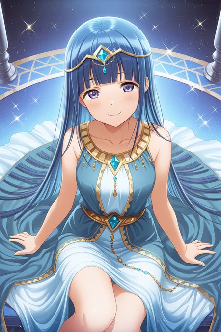 masterpiece, best quality, amazing quality,
 <lora:Mahiru_IL:1> mahiru, 1girl, solo, long hair, smile, sitting, looking at viewer, sparkle, dress, blue hair, bangs, circlet, blunt bangs, sleeveless, collarbone, straight hair