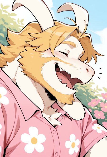 masterpiece,best quality,amazing quality, 1boy, solo, 4sg0r3, pink floral shirt, furry male, close up, side angle, laughing,

 outside, garden, 