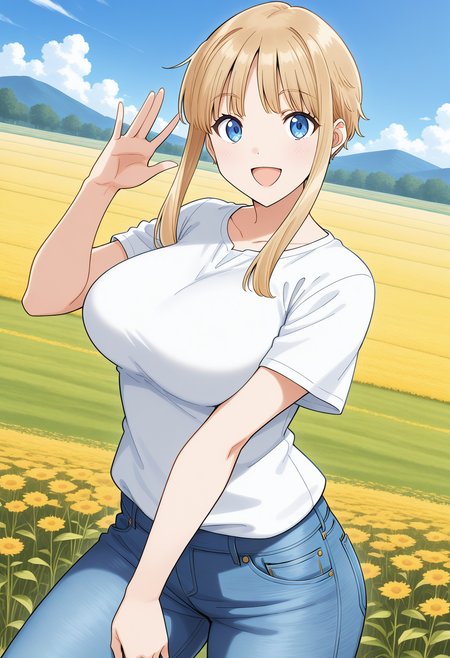 malta, blue eyes, blonde hair, short hair with long locks, sidelocks, shirt, denim, pants, <lora:malta_illustrious_ver1:0.8> 
smile, open mouth, 
1girl, solo, (field:1.2), (blue sky:1.2), looking at viewer,, masterpiece, best quality, general,, (cowboy shot, dynamic pose:1.4),
