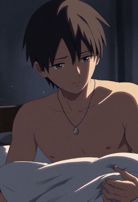 Highres, Masterpiece, High Quality, 4K, 8K, solo, 1Boy, Takaki Toono, adult, black hair, short hair, bedroom, dimly lit, pillow, blanket, necklace, upper body quarter, sexual stimulation, tissue, lotion, sex toys, climax, masturbation, easynegative, detailed_eye_model