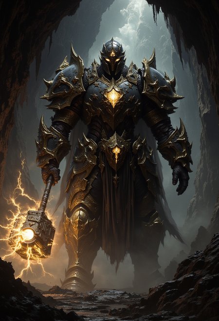 detailed photorealistic image, masterpiece, FredFraiStyle, an huge robotic knight in black plated armor with bright yellow embellishments, helmet, glowing eyes, holding a large magica lhammer (sparking with yellow electrical energy) with both hands, dynamic pose, in a damp cave, directional lighting, masterpiece, perfect composition, perfect hands, cowboy shot