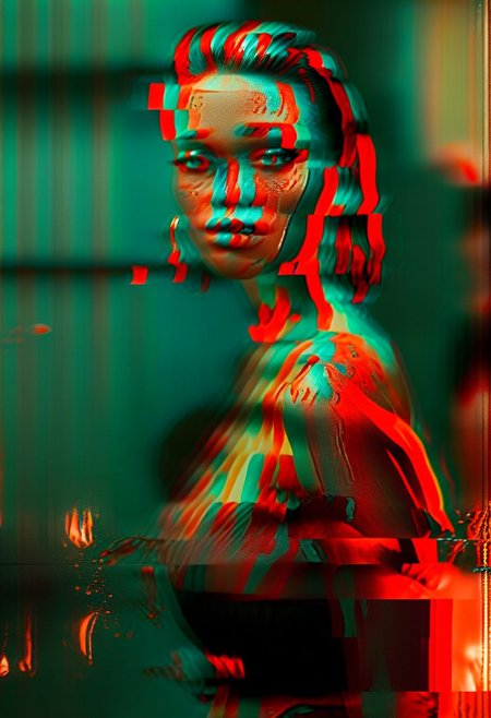 (real life, 1girl, 1950s pinup, seductively  looking at the viewer, clean brick red environment, grim style, horror lens effect, jarring optical effect, layered effects, dark shadows, hazy, grainy:1.2), (above pov, a woman looking aroused and eager, shocked, caped crusader, dark natural natural colors, HDR, 5mm:1.2), (glitch art by (Hans Feurer:1.1) and (Roe Ethridge:1.2)), glowing blue on black,