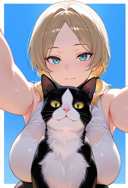 1girl, twintails, large breasts, black cat, black fur, blonde hair, blue background, blue eyes, border, brown hair, cat, from below, green eyes, looking at viewer, parted bangs, selfie, short hair, white border, white cat, white fur, yellow eyes, HDR, 8K, masterpiece, best quality, amazing quality, very aesthetic, superabsurd res, high resolution, ultra-detailed, absurdres, newest,