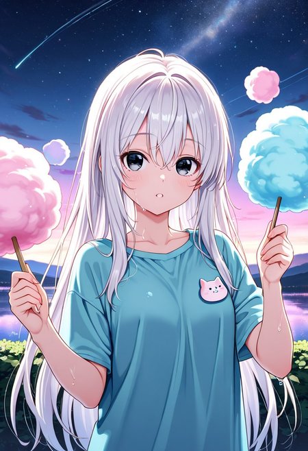 (masterpiece, 2.5D), (score_9, score_8_up, score_7_up,source_anime), (ultra-detailed,24K), best quality, CG, illustration, 
cottoncandy, anime style, 
animals cat, playing cotton candy, ultra-detailed background, fantasy, night sky, stars, floating cotton candy,  white hair, long hair, full-up hair, wet hair, (ultra-detailed eyes), onyx eyes, 
wear a clothes made of cotton candy,