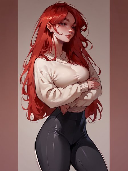 score_9, score_8_up, score_7_up, score_6_up, score_5_up,   <lora:itsyelizXLP:1> itsyeliz,, 1girl, sweater, black pants, curvy, long hair, red hair,