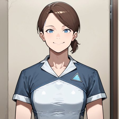 masterpiece, good quality, best quality, 1girl, kara_\(detroit\), brown hair, blue eyes, jacket, upper body, looking at viewer, smile, ashizukistyle