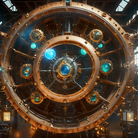 bird's eye view, ((((large laboratory)))) in a dusty warehouse, photorealistic photo of a glowing steampunk machine that shows the planets in our solar system, (((((No people))))), Octane Render, large fusion mechanical device with complex gears and ((glowing gems)), ultra detail, 8k, portal, spark, timewarp, gravitational lens, the universe,  <lora:SDXLHighDetail:1> <lora:wowifierXL:1>