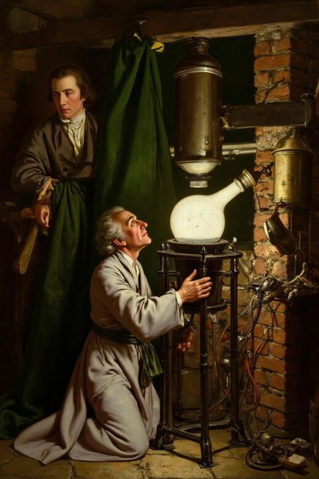 josephwright1 painting. 
A scene at an alchemist's laboratory.
An elderly man in a robe kneels and looks up at a large white glass container placed on a stand.
On the left, another person, partially obscured, observes the scene. Various objects, including a green curtain, a brick wall, and metal containers, are in the setting.
 <lora:josephwright1_cap_d6a3e12:1.0><lora:849117430205691775:0>