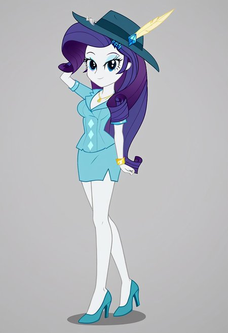 Score_9, Score_8_up, Score_7_up, Volumetric lighting, Rarity, equestria, detective rarity, Pastel blue dress, hat, high heels, Full body, One person, 1 girl, alone, Short thigh-length dress, Green high heel shoes, Sexy and sensual pose, short dress with sleeves, Seductive and flirtatious look, Sexy and sensual model body, Standing, Posing sexy and sensual, modeling, Very big breasts, equestria girls