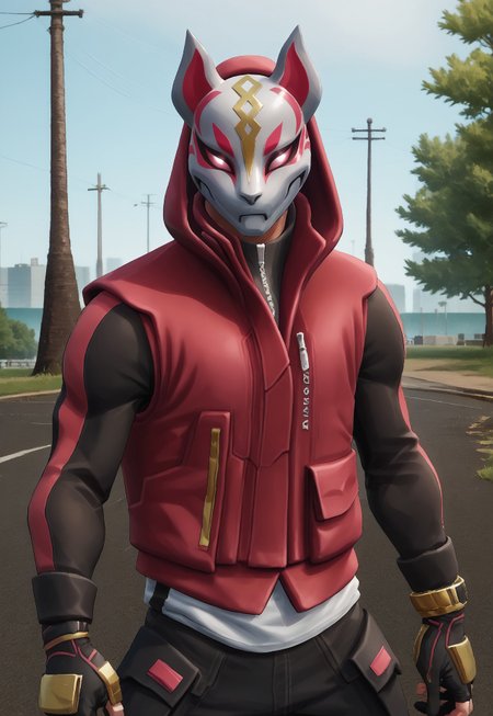 score_9, score_8_up, score_7_up, source_anime, driftfort, 1boy, solo, kitsune mask, hooded jacket, gloves, pants, looking at viewer, BREAK, outdoors