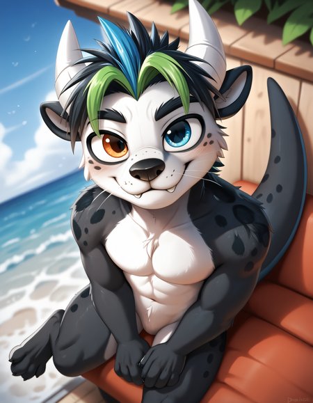 score_9, score_8_up, score_7_up, <lora:Dragotter.safetensors:0.65>, dragotter, solo, otter, body fur, male focus, 1boy, multicolored hair, furry, horns, blurry, blue hair, green hair, furry male, blurry background, two-tone hair, black hair, looking at viewer, smile, animal ears, green eyes, fangs, animal nose, freckles, blue eyes, spots, heterochromia, <lora:fix_hands.safetensors:1.0>, tail, (paws, black pawpads:1.15), digitigrade, barefoot, blush, looking at viewer (high angle, one-quarter portrait, reclining leaning forward, sea tornado:1.25)