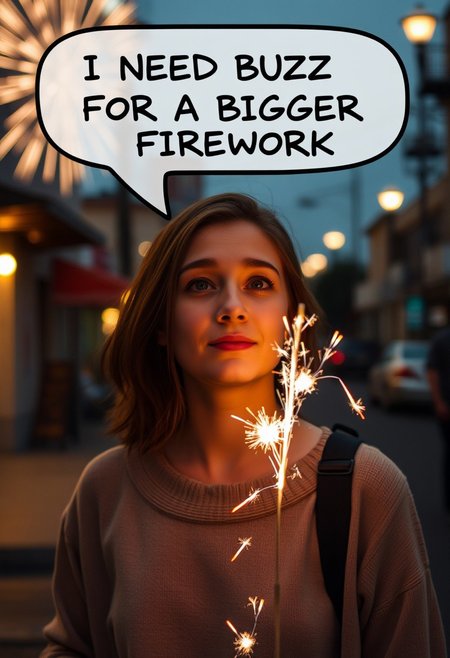 25 years old female, lightning small crackers, speak bubble above her head that says "I NEED BUZZ FOR A BIGGER FIREWORK", street, small fireworks,