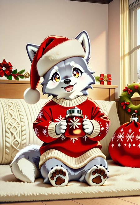 animal christmas,  Masterpiece, <lora:add-detail-xl:2>, anthropomorphic wolf, christmas, Santa Hat, wearing sweater, room, cozy, sitting, holding up of cocoa, no humans