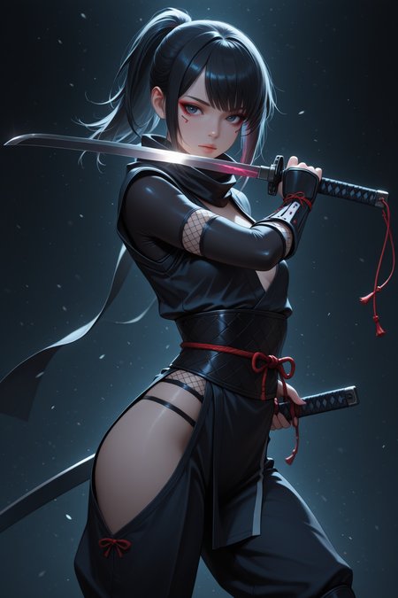 lazypos, 1girl, solo, small breasts, (ninja:1.2), dark clothes, backlighting, cowboy shot, holding katana, weapon focus, reflection on blade, night, dynamic pose, intense, abstract background, act, cyberpunk, neon <lora:TrendCraft_The_Peoples_Style_Detailer-v2.1A-3_12_2025-JANKU:0.2>