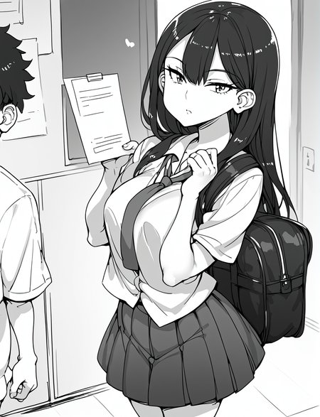 score_9, score_8_up, score_7_up, score_6_up,  <lora:Abubu_Style:1.2> greyscale, monochrome, ((rin_tashibana)) black hair, long hair, school uniform
