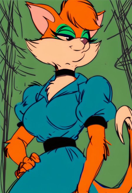 score_9, score_8_up, score_7_up, score_6_up, score_5_up, score_4_up, source_furry, Tabitha_Fantomcat, detailed eyes, detailed face, (retro artstyle, 1990s \(style\),1girl, dress, furry female, puffy sleeves, puffy short sleeves, furry, short sleeves, eyeshadow, solo, hand on own hip, animal ears, half-closed eyes, makeup, blue dress, animal nose, standing, choker, sketch, closed mouth, black choker, body fur, orange hair, breasts, tail, black eyes, blue eyeshadow, smile, outdoors, looking down, short hair
 <lora:tabitha-v1:1>