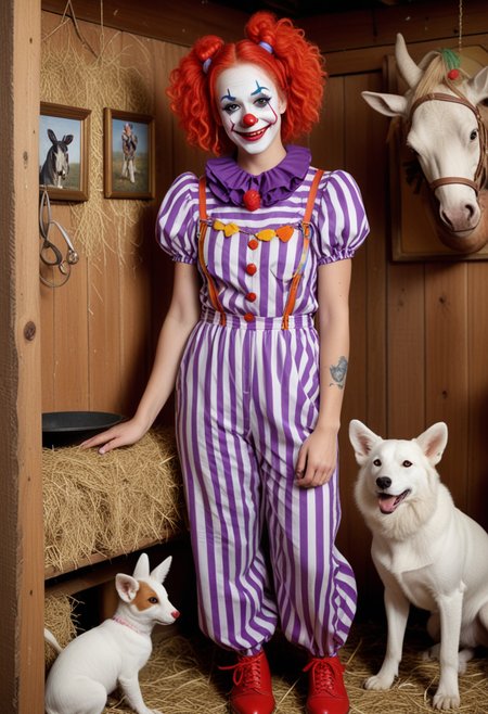 (medium full shot) of  (desirable clown) young woman, red plastic nose, white face paint, hair with oversized ears,  wearing a purple  striped shirt,colorful jumpsuit,oversized clown shoes, flower that squirts water, rainbow face paint, set in  circus, Animal Trainer's Den, Rustic corner with bales of hay for seating, a feeding trough filled with treats for the animals, a collection of whips and training tools hanging on hooks, a cozy nook for the animals to rest, a framed photo of the trainer with their prized animal, woman smiling at the viewer, Masterpiece,best quality, photo, realistic, very aesthetic, detailed face,