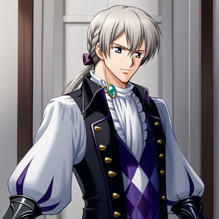 highres, absurdres, solo,1boy,defJakob, long hair, low ponytail, butler, brooch, vambraces, gauntlets,<lora:JakobFE-pdxl-bsinky-v1:1>, <lora:MayumiHirotaStyleThracia_SDXL-000010:1> MayumiHirotaStyle