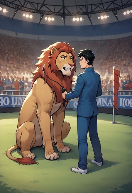 score_9,score_8_up,core_7_up, circus-tent, audience, sitting crowd, arena, 1boy, human, lion-tamer,  holding whip, standing, full body, indoors, night,
BREAK
wild animal, feral, lion, lion, feet on ground, hay on ground,