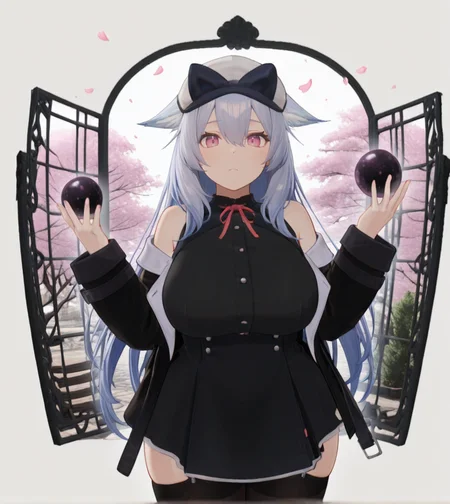 1girl, wild hips, huge breasts, :d, book, breasts, card, cherry blossoms, cowboy shot, hands up, holding, holding book, looking at viewer, occult ball, open mouth, petals, plaid, smile, solo, standing, tree, pawnshop, display window, various items,
æ¡æ¢,long hair,colored inner hair,white hair,blue hair,
animal ears,fluffy ears,hair flaps,
hair between eyes,
newsboy cap,white hat,
pink eyes,
black jacket,buckles,
sleeveless dress,black dress,short dress,neck ribbon,red ribbon,
black thighhighs,garter straps,
ankle boots,black shoes,
straight-on,white background,
intricate details,detailed background,
<lora:noobaiXLNAIXL_epsilonPred11Version-lora:0.11> <lora:Curve slider IXL2_alpha16.0_rank32_full_last:2>   <lora:anatomy_helper:1>  <lora:ChamIllustriousBackgroundEnhancer:1>  <lora:æ¡æ¢-ã³ã¹ãã¥ã¼ã ãã¥ã¼ã¸ã¢ã è©¦ç-vrchat:0.9>