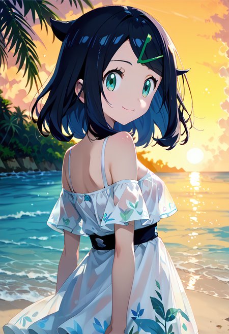 score_9,score_8_up,score_7_up,source_anime,anime screencap,anime coloring,anipai_style,foreshortening,intricate details,official art,shiny skin,1girl,solo,Liko_(Pokemon),black_hair,green_eyes,medium_hair,cowlick,small_breasts,hairclip,off-shoulder white dress,see-through,
full_shot,looking_back,closed mouth,smile,backlighting,beach,in the ocean,<lora:Liko Pony:1>,<lora:Anipai_style-07:0.8>,<lora:cfg_scale_boost:0.5>,zPDXL3,<lora:backlighting:1>,