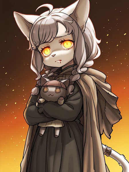 BREAK, <lora:Sheena_Falafel:1>, Sheena Falafel, Fuga: Melodies of Steel, kemono, furry female, young female, 1girl, cat girl, white fur, grey eyes, pastel blue hair, long hair, ahoge, bangs, sidelocks, animal ears, cat ears, animal nose, pink nose, cat tail, tail ornament, braided anklet, Fuga 1 appearance, twin braids,
BREAK, Fuga 1 Outfit, claws, black dress, brown cloak,
BREAK, Bleuette, Bleuette doll, character doll, stuffed cat, holding doll, holding object,
BREAK, solo, injured, blood from mouth, blood from arm, hero mode, glowing eyes, frown, concentrated, determined, sad,