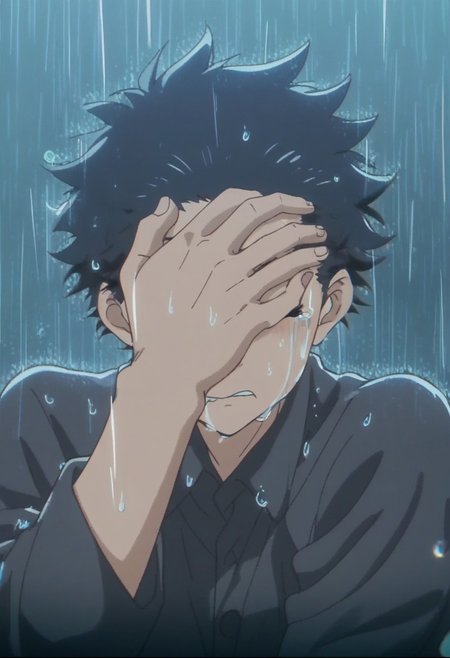 score_9, score_8_up, score_7_up, source_anime, rating_safe, Shoykoe, 1boy, male focus, anime screencap, closed eyes, crying, hand wiping tears, covering eyes, biting mouth, rain, not the extra finger T_T