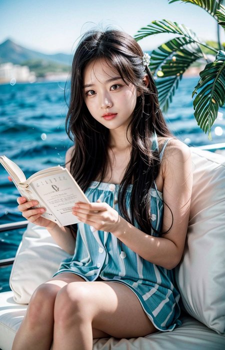 cinematic photo break. white wavy long hair,
A wonderful life, a relaxed atmosphere,Aegean Sea,sunny,a girl in love,reading books,pajama,smile,
<lora:Better_Pose:1>  <lora:fluxenhancer:1> <lora:sparklycism:1>, <lora:Tangbohu_real_style_FLUX_type_A:1>, 35mm photograph, film, (bokeh:1.3), professional, 4k, highly detailed