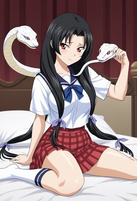 score_9, score_8_up, score_7_up, BREAK source_anime, masterpiece, anime screencap, shiny skin, 
1girl, solo, kaku bunwa, long hair, black hair, twintails, red eyes, large breasts, hair ribbon,  <lora:kaku_pony-000006:1>
school uniform, white shirt, red skirt, plaid skirt, socks, 
sitting, blush, bed, sn4k3, snake, snake on shoulders, upper body