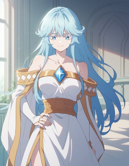 score_9, score_8_up, score_7_up, source_anime, <lora:elfaria-albis-serfort-s1-ponyxl-lora-nochekaiser:1>, elfaria albis serfort, long hair, blue hair, blue eyes, colored eyelashes, sidelocks, medium breasts,, dress, bare shoulders, collarbone, white dress, bridal gauntlets, gemstone, detached sleeves, off shoulder,, hospital room, bedside, get well flowers, comforting, quiet, smile, , smug, hand on hips,, solo,, cowboy shot, dutch angle