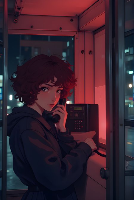 A moody and atmospheric photograph of a person inside a phone booth, bathed in a strong red light. The individual has curly, reddish-brown hair that frames their face as they hold the phone receiver to their ear. Their expression appears contemplative or possibly distressed, adding an emotional depth to the scene.
The phone booth itself is made of glass and metal, with visible bolts and rivets along the edges, giving it a somewhat industrial feel. The interior of the booth is dimly lit, with the red light casting dramatic shadows and creating a sense of isolation and intensity. The phone is a classic rotary model, suggesting a retro or vintage setting.
The background outside the booth is blurred and out of focus, with hints of other lights and possibly buildings, indicating an urban environment. The overall color palette is dominated by shades of red and dark tones, contributing to the image's somber and introspective mood.
The composition is tight, focusing on the person and the phone, which are central elements in the frame. The use of lighting and color creates a powerful visual impact, drawing the viewer into the emotional world of the subject. This image captures a moment of quiet reflection or communication, set against the backdrop of a city at night.
BREAK j_art, anime, anime art, <lora:FLUX\jul\J_Anime:0.8>, <lora:FLUX\Anime Art V3:0.2>