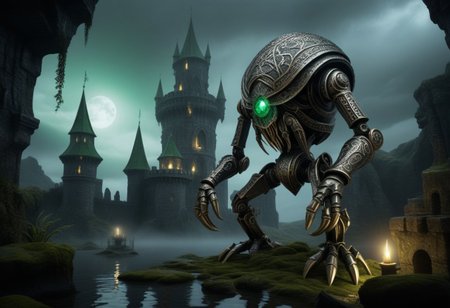 giant bipedal robot pewter silver and grey green stripes and bronze gold paisley robot. lacy robot cube squid head. outside of a steampunk keep. large detailed torso. dark image. one forty foot tall ancient robot with great arms and two heavy spring legs. dark foggy night background. $dark foggy night image only. dark photo realistic image. steampunk details. cogs, chains and pipes incorporated in the fantasy buildings. magic wizards tower in background. Dark swamp, moss, castle ruins, wizards tower. stormy dark night. small flaming machines. scorpion