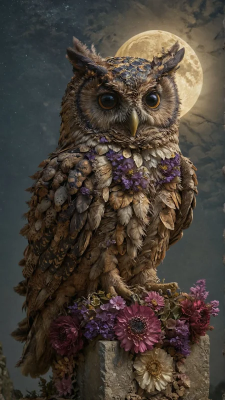 hyper realistic, a giant owl with celestial patterns on its feathers, perched on an ancient stone monument under a starry night sky, mystical and serene atmosphere, soft moonlight 
,<lora:add-detail-xl:1>
 <lora:ral-dryflwrs-sdxl:1> ral-dryflwrs