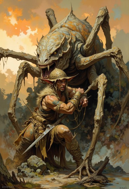 score_9, score_8_up, score_7_up, 8k high quality digital painting, masterpiece, very detailed, ultra realistic, (best quality) very detailed epic masterpiece, boris vallejo style, frank frazetta style, realistic oil painting, retro artstyle, full body, side view, backlight, we see a primeval muscular cave-man in fur clothing fighting a big spider-like monster with big teeth, sundown, the setting sun casts long shadows, backlight, swampy landscape, action movement, screamingfairytale-like, realistic detailed oil painting style Rembrandt style, Vermeer style, heroic fantasy, realistic, realism, full body