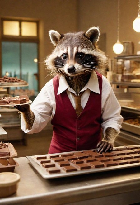 film still of an anthropomorphic raccoon working as a chocolatier, 4k
