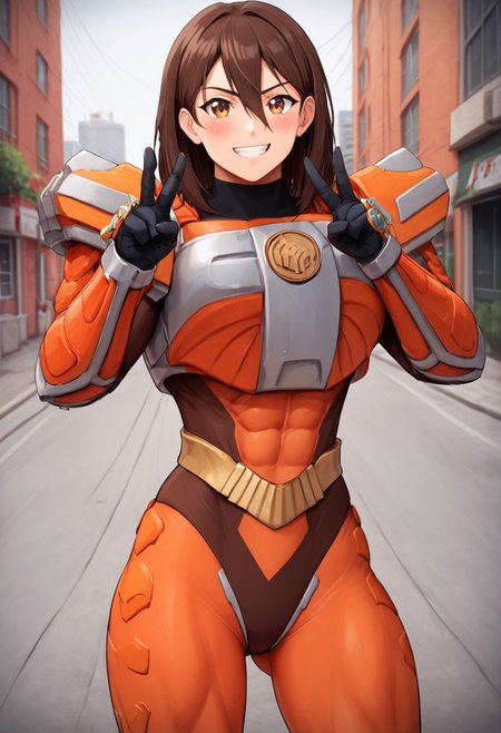 score_9, score_8_up, score_7_up, zPDXL, zPDXLpg, source_anime, <lora:offset_0.2:0.1>, <lora:spo_sdxl_10ep_4k-data_lora_webui:1>,
1girl, solo,
sazervisuel, orange bodysuit, brown leotard, belt, armor, gauntlets, black gloves, tight cloth ,claw \(weapon\)<lora:Sazer_Visuel:1>,
brown hair, brown eyes, hair between eyes, medium hair, hair behind ear,muscular_female_illust, muscular, muscular female, gigantic muscles,vaginal
Seductive smile, blush on face, hands peace ,facing viewer, ass visible through thighs, looking at viewer,
cowboy shot,
outdoors, city, street