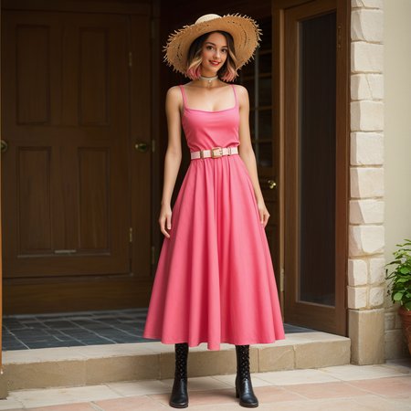 score_9, score_8_up, score_7_up, 1 woman, cinematic, ultra detailed textures, red lips, black eye shadow, detailed face, full body shot, a pastel pink dress, a white straw hat, white  tigh-highs
leather boots, silver jewelry, choker, pink leather belt,  on the streets of Palermo, a candid photo, dark brown hair, layered bob hair style, colored hair streaks, 8k, ultra detailed textures (naughty, teasing expression), summer tan, seductive smile, pale skin, deep black eyes, sensual image, , Bianca Lars <lora:Ai-model:0.6> bl4kz