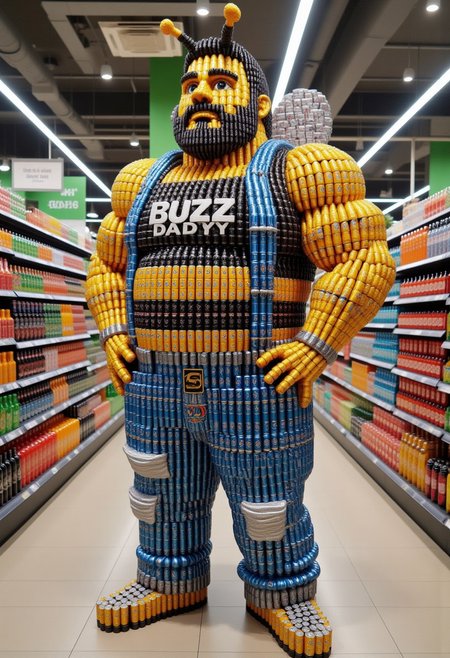 The image is a high-resolution photograph of an elaborate, creative arrangement inside a well-lit supermarket aisle. The centerpiece is a meticulously crafted, life-size model of  Full body portrait shot, A giant fat man with a beard who is dressed as a bumble bee, in a crop top tank top, jeans that are skin tight, constructed entirely from cans of soda, along with the word "BUZZ DADDY".