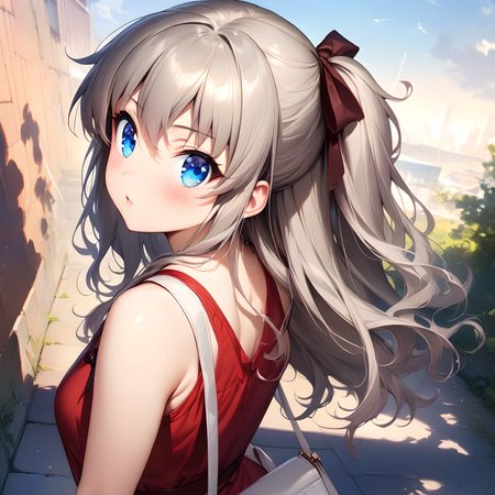 (masterpiece),(best quality),(ultra-detailed),(best illustration),(best shadow),(absurdres),(detailed background),(very aesthetic),nao_tomori, 1girl, solo, blue eyes, ponytail, bag, long hair, looking back, white background, ribbon, looking at viewer, simple background, hair ribbon, sleeveless, from behind, handbag <lora:XL-NaoTomori:1>