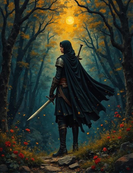 <lora:flux-collagestyle.safetensors:1> darkfantasycollagestyle
In the heart of a dimly lit, otherworldly forest, a formidable warrior stands resolute,准备迎接战斗。背景是一片模糊的粉紫色，宛如梦中的幻境，而战士的身影却异常清晰。她大约三十岁，皮肤如夜色般深邃，带有淡淡的光泽，仿佛被月光轻轻拂过。一头长发如同瀑布般垂落，每一缕都闪烁着细微的金光。她的战甲由黑色皮革和深海军蓝丝绸制成，镶嵌着错综复杂的金色藤蔓图案，宛如夜空中最亮的星辰。战甲的每一处细节都精心雕琢，从螺旋形的纹饰到细密的网状纹理，无不透出一种神秘的美感。
她手中的长剑，闪耀着幽蓝的光芒，与周围环境的深色调形成鲜明对比。剑身流畅而锋利，剑柄上缠绕着银色的藤蔓，末端镶嵌着一颗宛如oldemind的宝石，散发着柔和而坚定的光。她的目光坚定而深邃，仿佛能洞察一切虚伪与真相，眼中闪烁着不屈的光芒。
周围的森林充满了生命力，但又带着一丝诡异的静谧。地面上生长着各种异域植物，叶片上覆盖着细微的银色露珠，每当微风吹过，便轻轻颤动，仿佛在低语。远处，隐匿在树影中的荧光生物偶尔闪烁，增添了一抹神秘的氛围。在这低光的环境中，每一处细节都被赋予了生命，战士的每一个动作都显得格外优雅而威严，宛如从古代神话中走出的英雄，准备迎接未知的挑战。